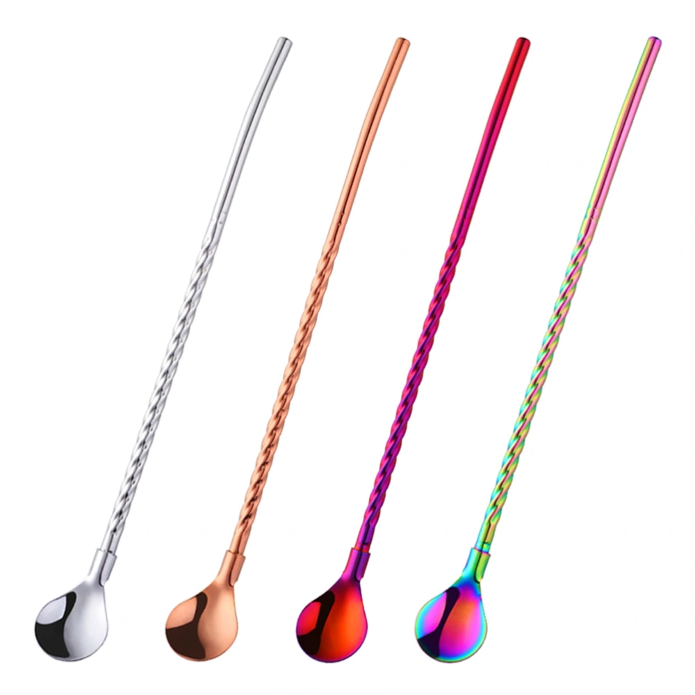 4pcs Stainless Steel Straw Spoon Creative Stirring Spoon Reusable Drinking Tableware for Frozen Drink Milkshake (Threaded, Large)