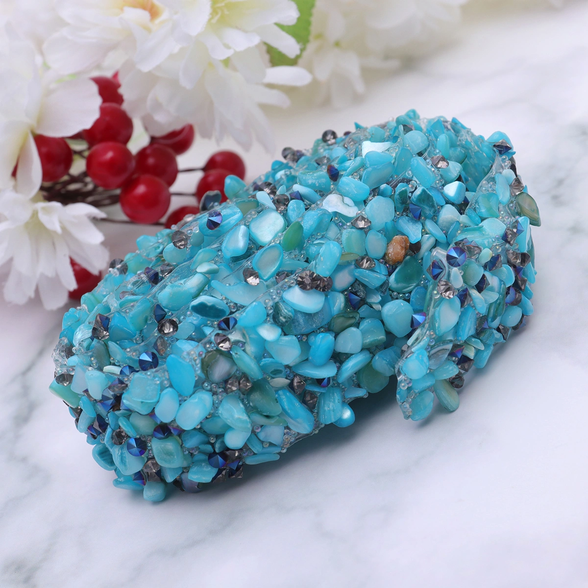 1 Meters Stylish Rhinestone Shell Trim Bling Ribbon Sewing on Trim for Dress Sash Belt DIY Bags Shoes Embellishments (2.5cm Width) Blue