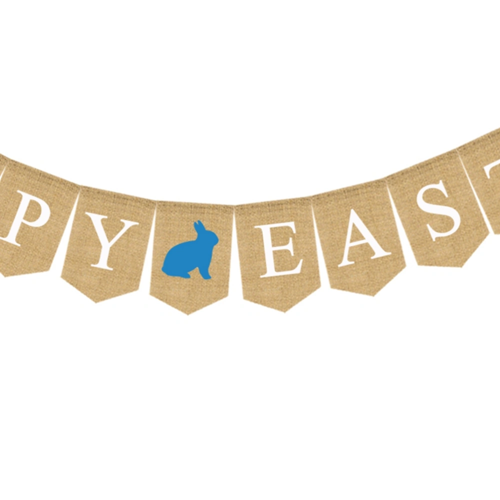 Happy Easter Bunny Banner Jute Non-woven Fabric Bunting Swallowtail Party Decoration Pull Flag (Blue)