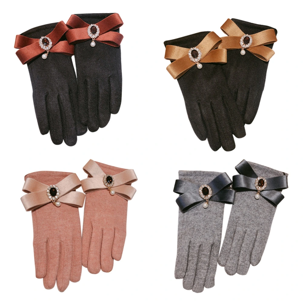 Black Cashmere Lady Gloves Full Cover Touch Screen Mitten Fashion Claret Bow and Rhinestone Warm Hands Protector for Woman Winter 