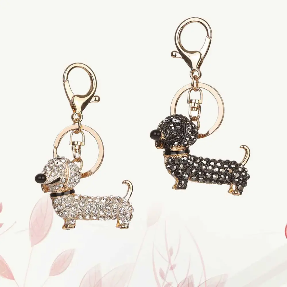 2Pcs Alloy Keyring Rhinestone Puppy Shaped Keychain Car Purse Keychain Hanging Pendant (White Black)