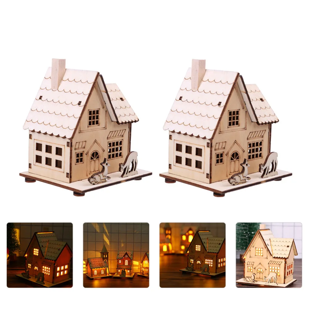 2pcs Luminous Xmas Ornaments Creative Christmas Scene Decors Wooden House Decors