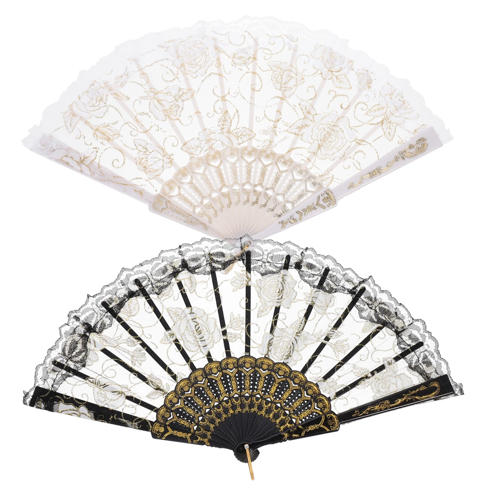 2pcs Pretty Lace Folding Fan Handheld Fan Folding Rose Fan Lace Dancing Fan