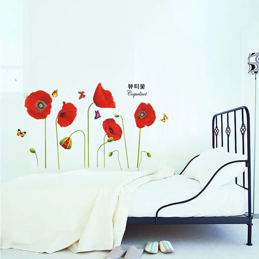 Red Poppy Flowers PVC Removable DIY TV Background Wall Stickers Parlor Kids Bedroom Home Decor House Mural