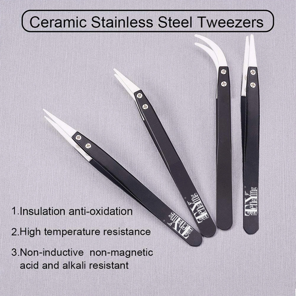 4pcs Ceramic Tweezers Set Replaceable White Ceramic Tips with Temperature Resistance and Anti-Magnetic Precision Tips for Electrician (Black)