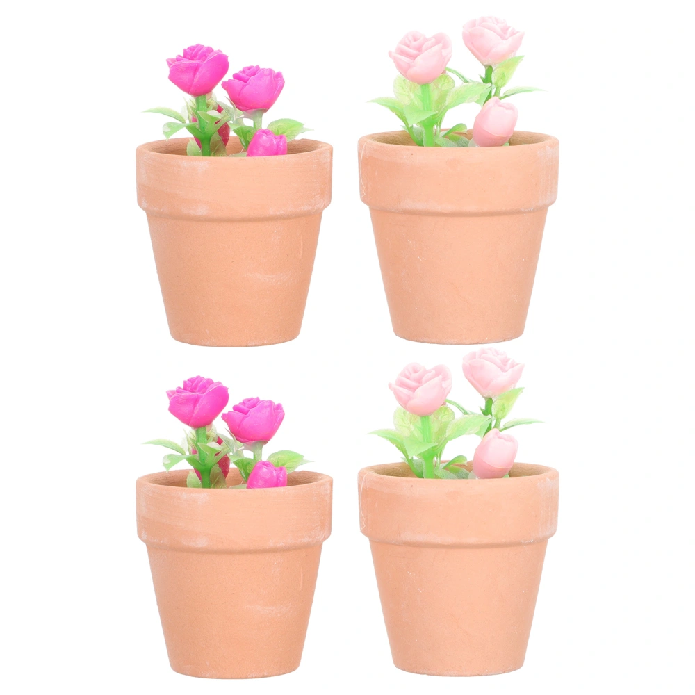 4pcs Mini Simulation Bonsai Miniature Potted Rose Flower for Mini House