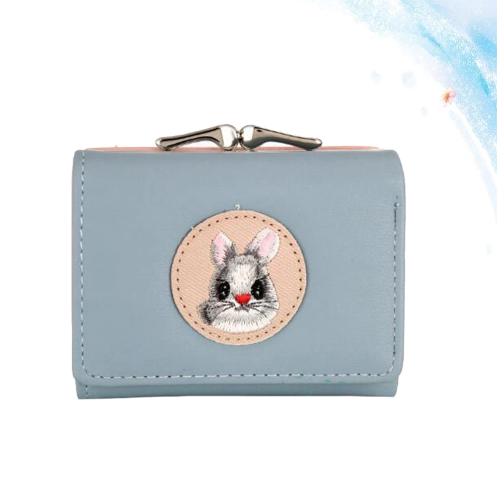 Light Blue Embroidery Rabbit Purse Short Coin Bag Buckle Small Wallet Girls Fashion Portable Change Purse