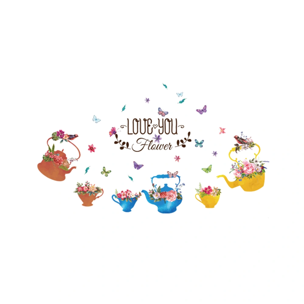 Creative Kettle Flowers Potted Bird Wall Stickers Decoration Living Room Glass Doors Windows Kitchen Removable Sticker