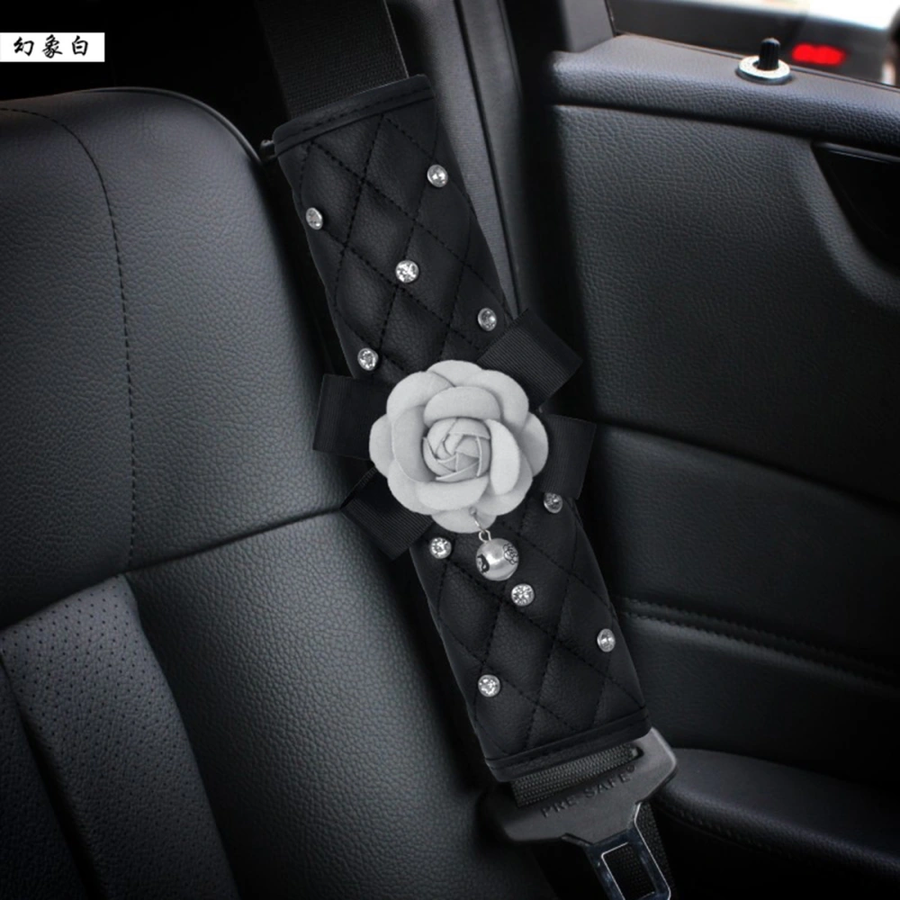 2pcs Car Seat Belt Cover Beautiful Creative Camellia Drill Decor Seat Belt Cover for Woman Lady Girl (Black White Camellia Pattern)