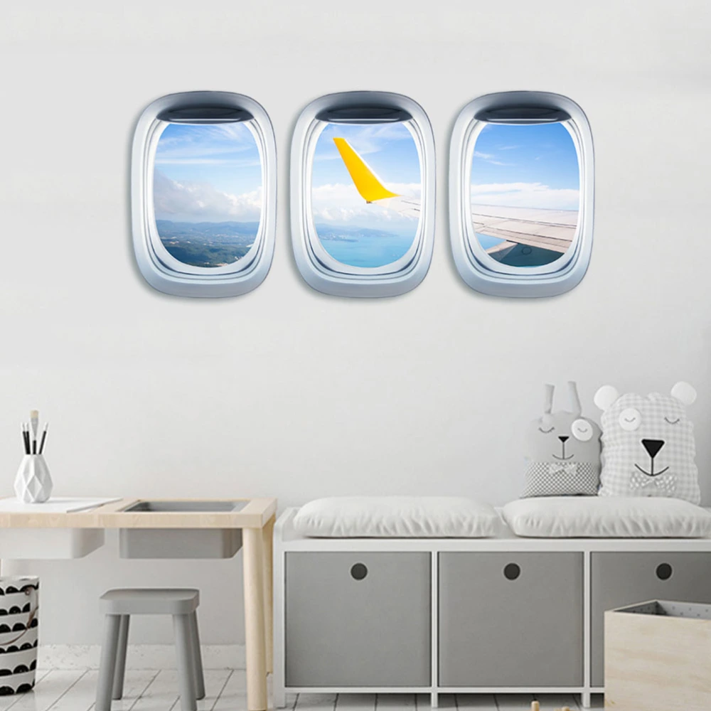 1PC EW031 Three-dimensional Combination Porthole Blue Sky Sea Aircraft Landscape Window Wall Stickers Children's Room Kindergarten Self-adhesive Removable Window Stickers