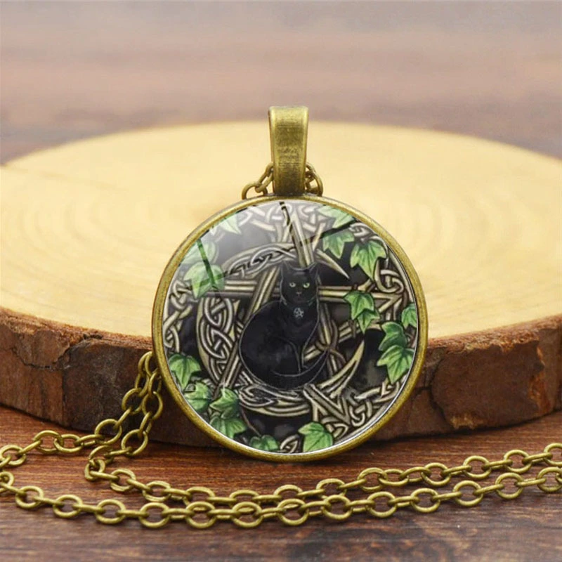 Five-pointed Star Black Cat Time Stone Pendant Necklace For Women