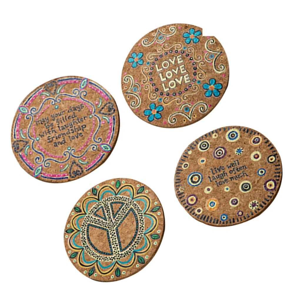 8pcs Round Placemats Moisture Resistant Wooden Heat Insulation Table Mats Drink Coasters Non-slip Patterned Coasters for Kitchen Cafe