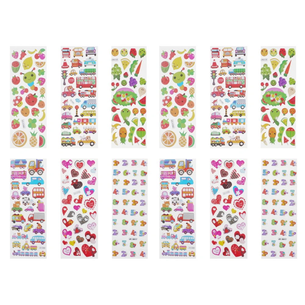 40 Sheets of Delicate Cartoon Stickers 3D Decals DIY Handcraft Children Stickers (Heart Fruit Number Car 10 Sheets Each)