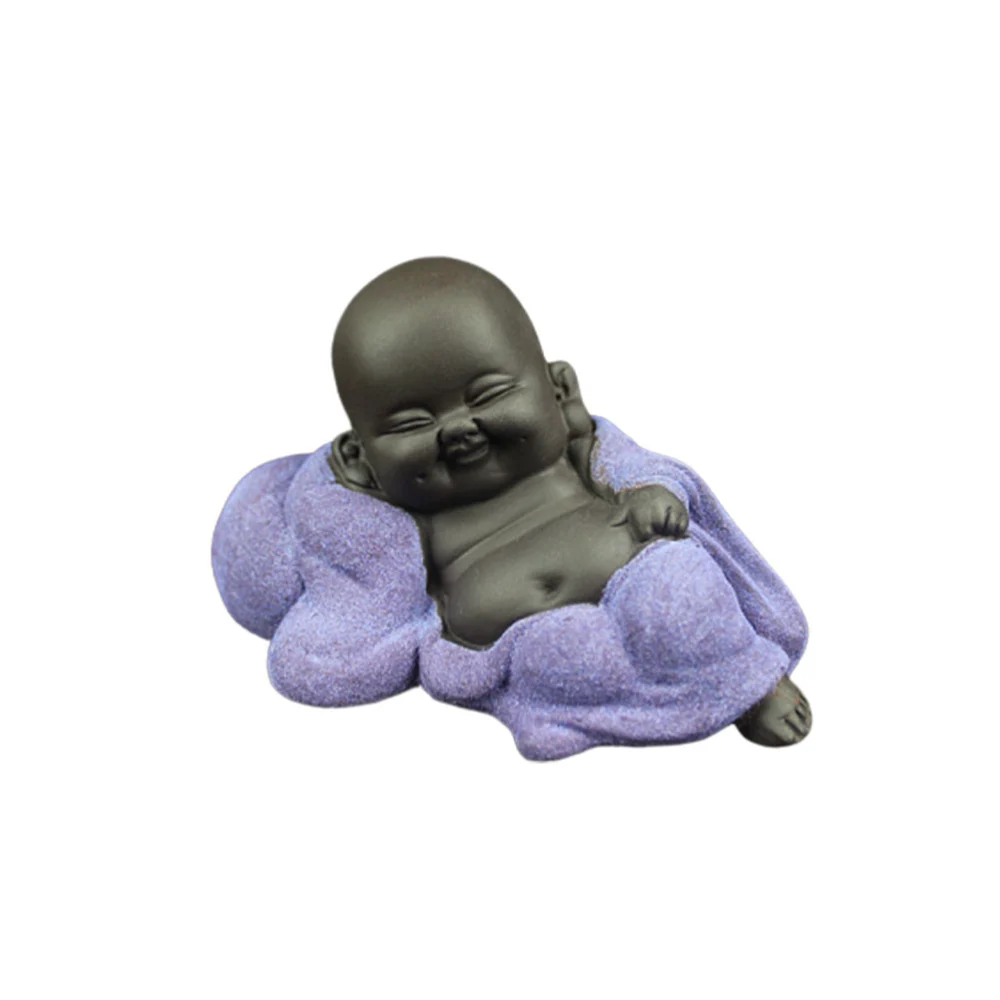 Ceramic Maitreya Buddha Statue Tea Sculpture Hand Carved Figurine Craft Display Ornament Home Tea Ceremony Decoration (Style Leisurely and Comfortable, Purple)