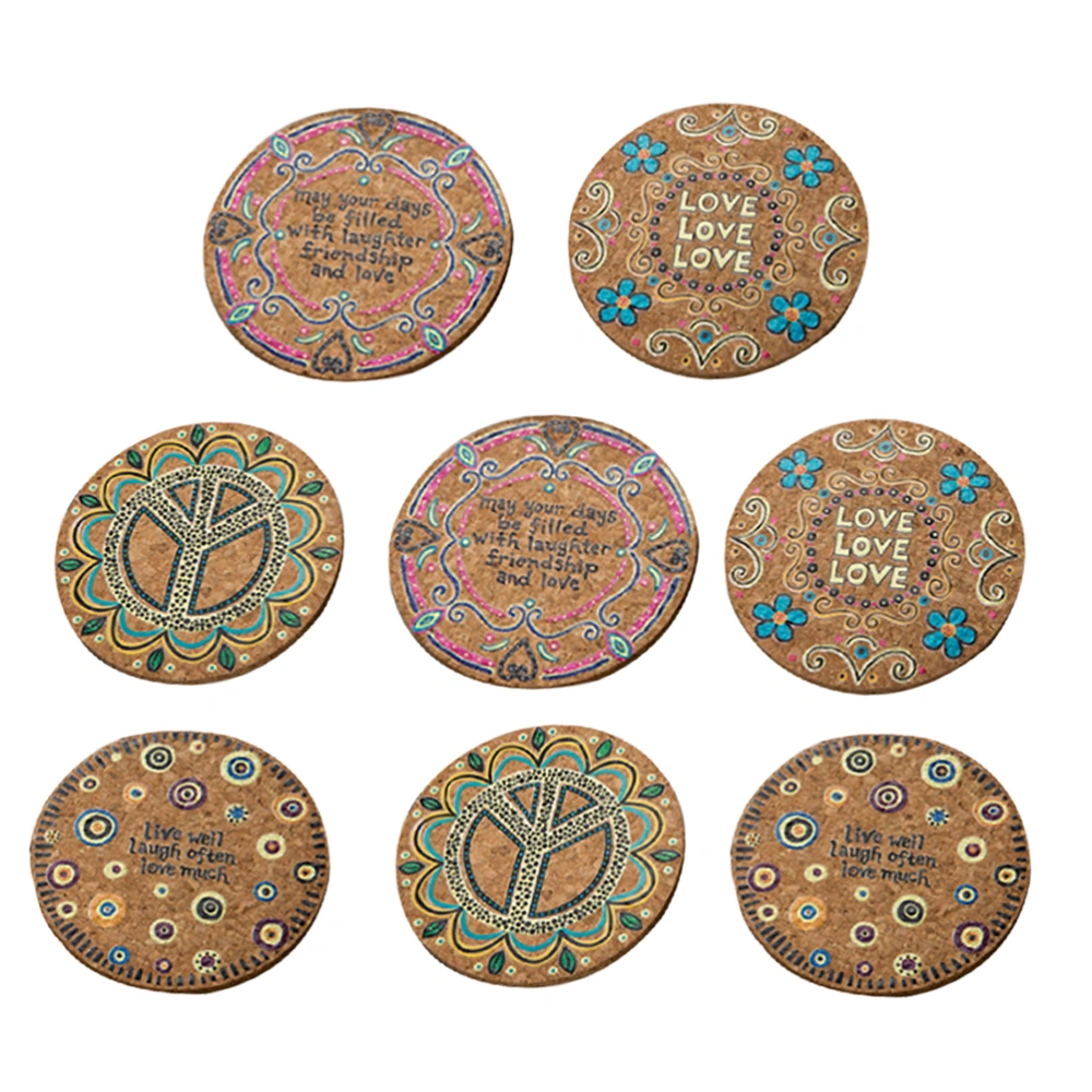 8 Pcs Round Natural Cork Coasters Heat Resistant Patterned Mats Tabletop Protection Drink Coasters (Mixed)