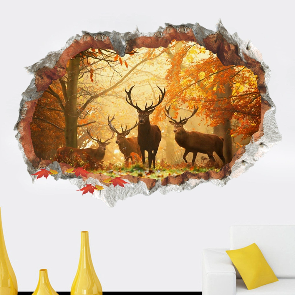 Forest Elk 3D Wall Stickers Removable Cracked Wall Effect Mural Decals Wall Art Decor for Office Bedroom Living Room TV Background