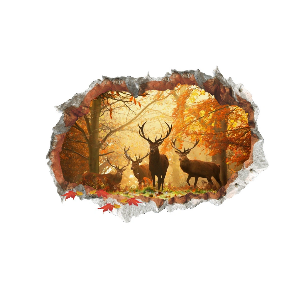 Forest Elk 3D Wall Stickers Removable Cracked Wall Effect Mural Decals Wall Art Decor for Office Bedroom Living Room TV Background