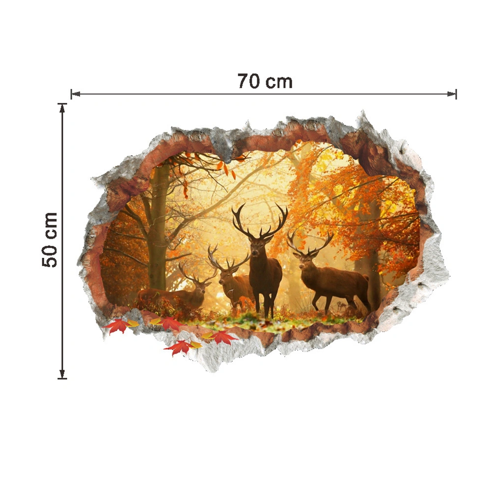 Forest Elk 3D Wall Stickers Removable Cracked Wall Effect Mural Decals Wall Art Decor for Office Bedroom Living Room TV Background