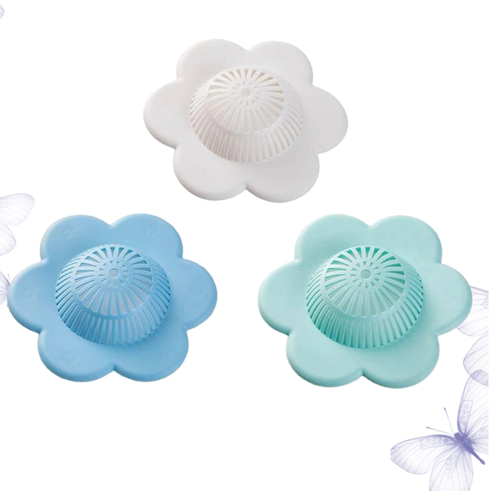 3pcs Silicone Floor Drain Filter Sink Drain Cover Flower Shape Sink Strainer for Bathroom (White + Green + Blue)