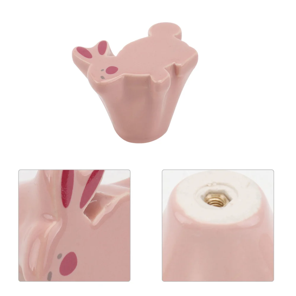 2Pcs Ceramic Single Hole Pull Ring Cartoon Rabbit Design Cabinet Knob Pink