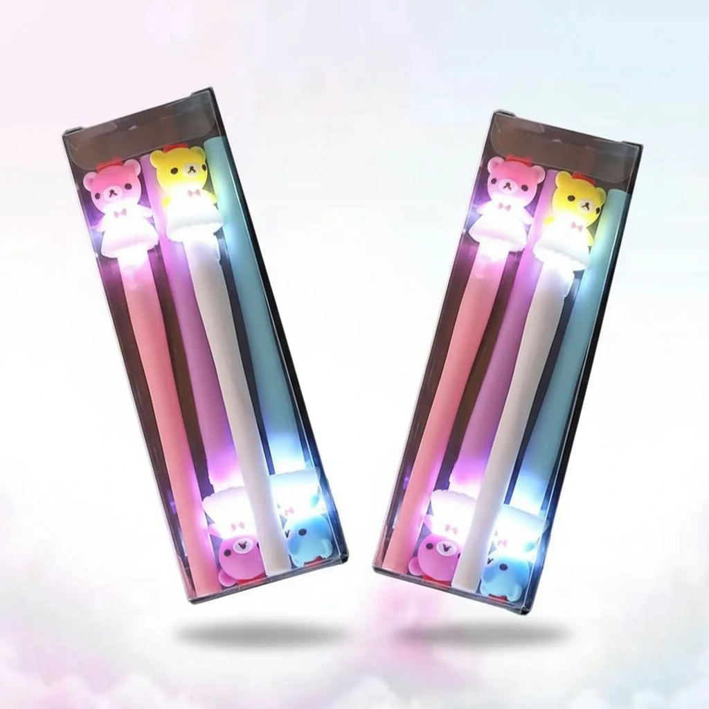 2pcs Luminous Funny Pens LED Cartoon Shape Design Glow Pens Set for Kids (Bear)