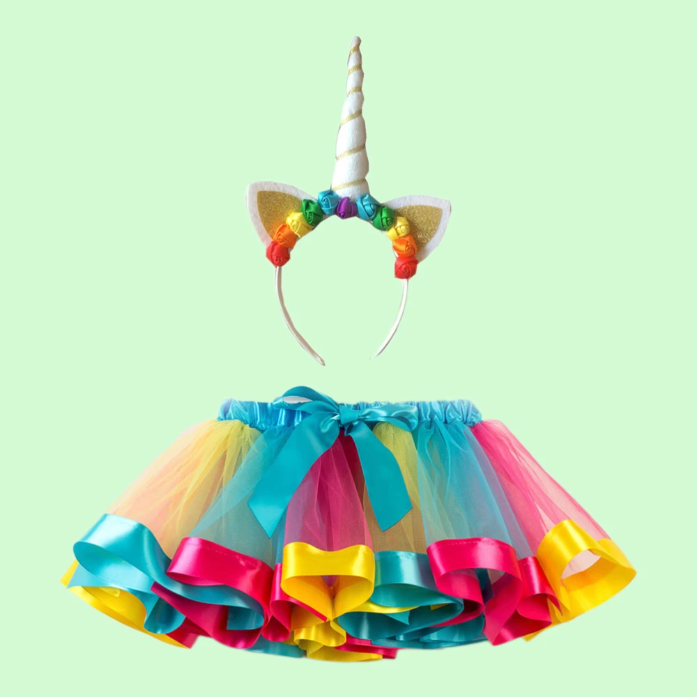 Kids Rainbow Tutu Skirt Baby Girl Costume Ballet Skirt for Carneval Party Dacing Performance Christmas Unicorn Headwear Half-length Rainbow Skirt Set - Size S (Hairband and Skirt)(Sky Blue)