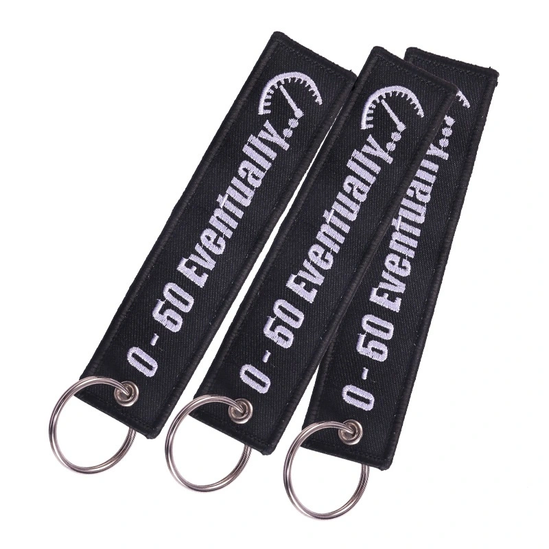 Personalized Motorcycle Keychain Black Background White Word Embroidered 0-60 Eventually Embroidery