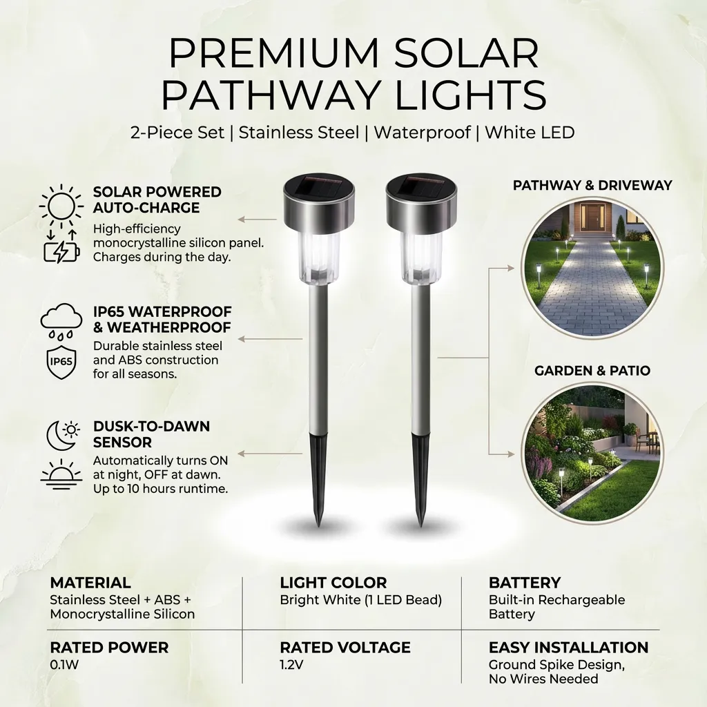 2 Pcs Solar Powered LED Light Solar Waterproof Stianless Steel Landscape Lights Tube Shaped Outdoor Light for Pathway Landscape Garden Patio Yard - White Light Color