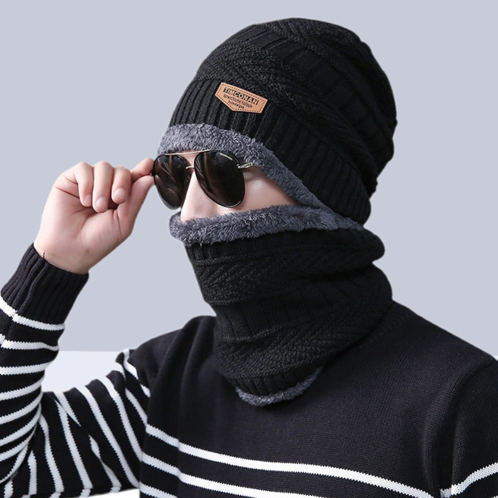 Winter Hat Headgear Bib Suit Tide Autumn Winter Men and Women Thickening Wool Knit Hat Scarf Suit(Black)