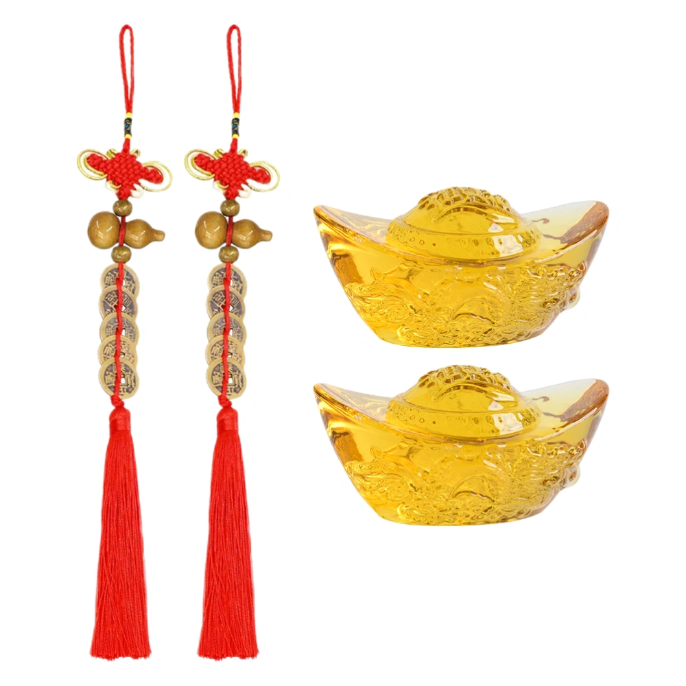 4pcs Synthetic Crystal Gold Ingot Ornaments Exquisite Scene Chinese Knot Decors