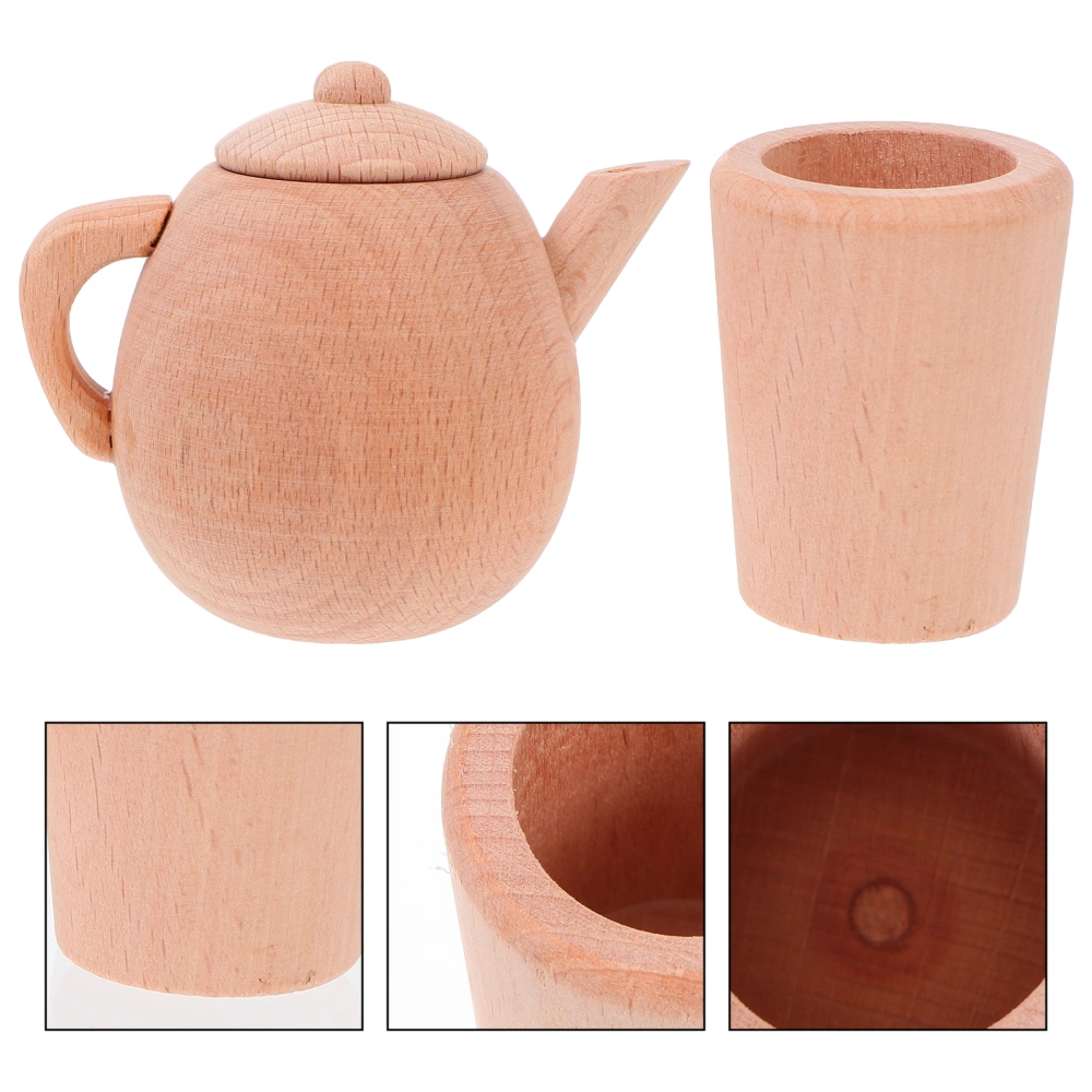 1 Set Wood Tableware Toy Smooth Unpainted Teapot Tea Cup Educational Toy