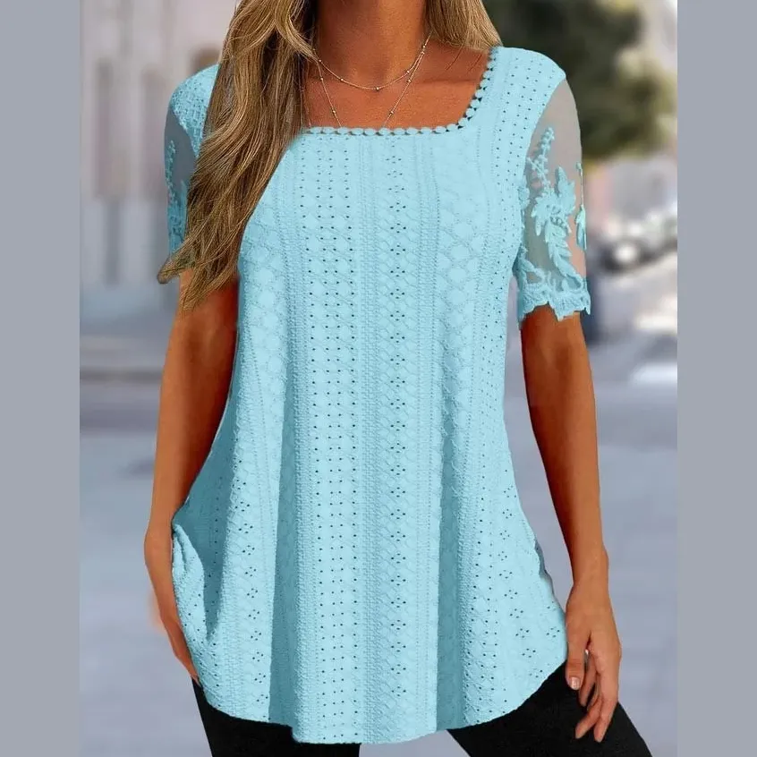 Summer New Square Neck T-shirt Hole Hollow-out