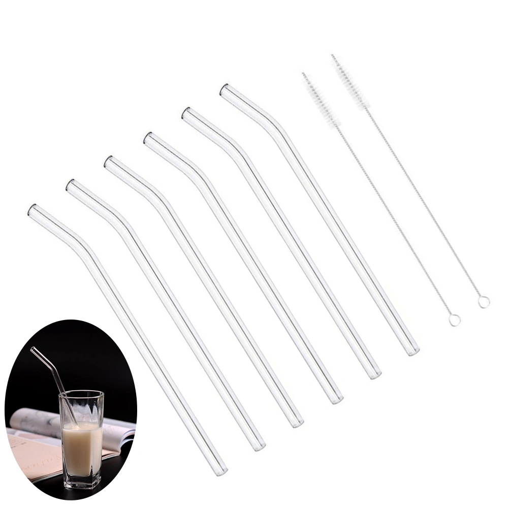 6pcs Smoothie Glass Straws Lead-free Bend Reusable Long Drinking Straws for Smoothie Milkshakes Bubble Tea with 2pcs Cleaning Brushes