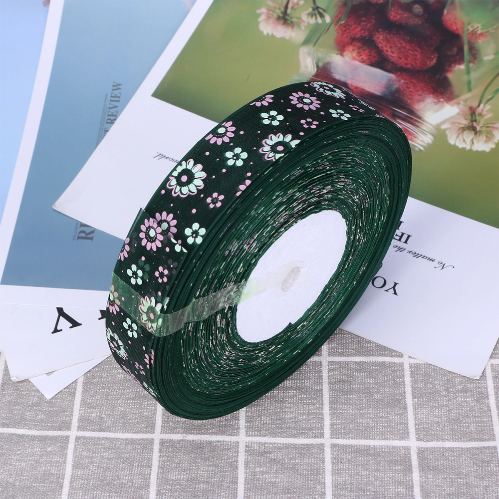 100 Yards 2.5CM Daisy Printed Ribbon Organza Ribbon Festival Gift Packing Ribbon DIY Accessories (Dark Green)