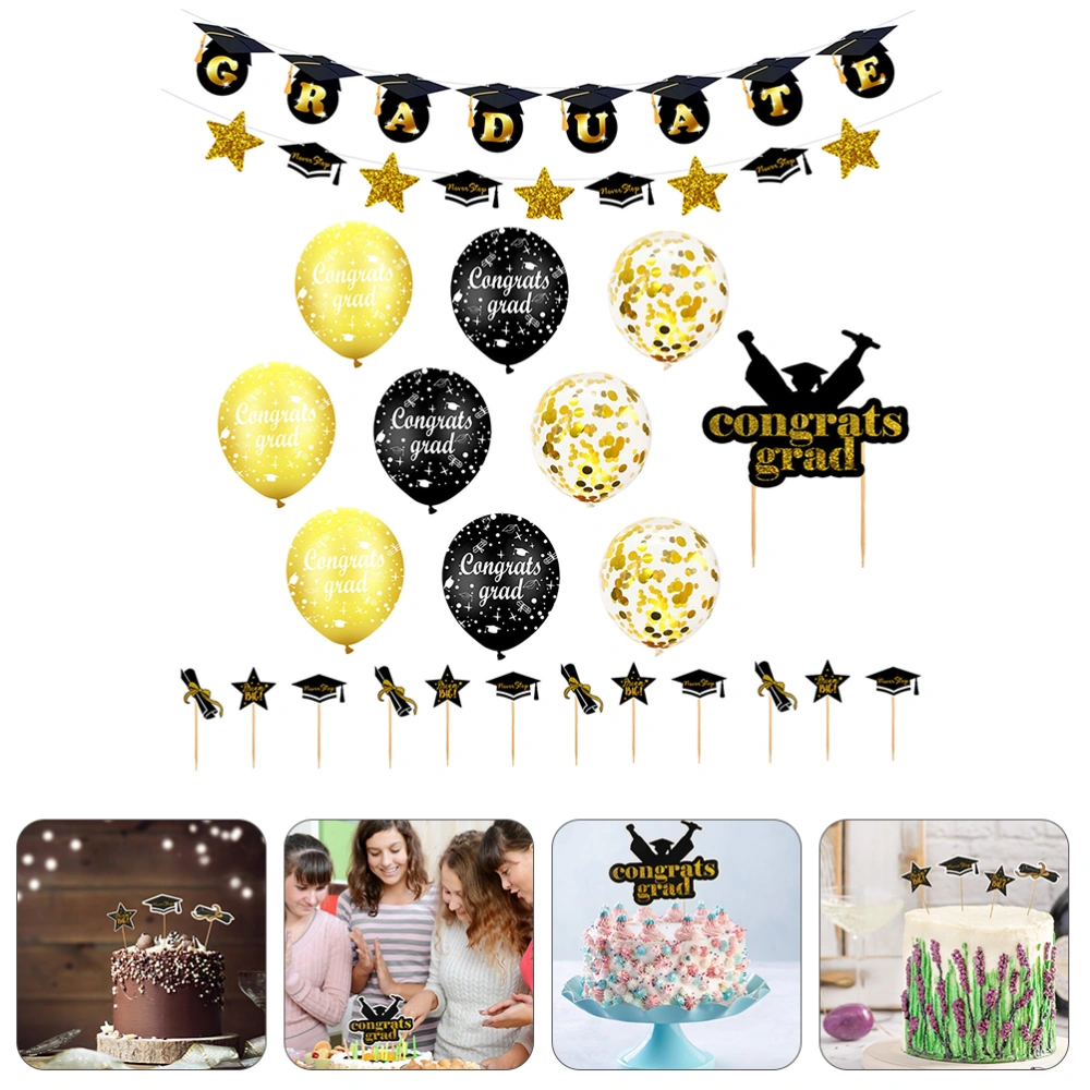 1 Set Graduation Party Balloons Banners Cake Toppers Sequin Balloons Kit (Black Golden)