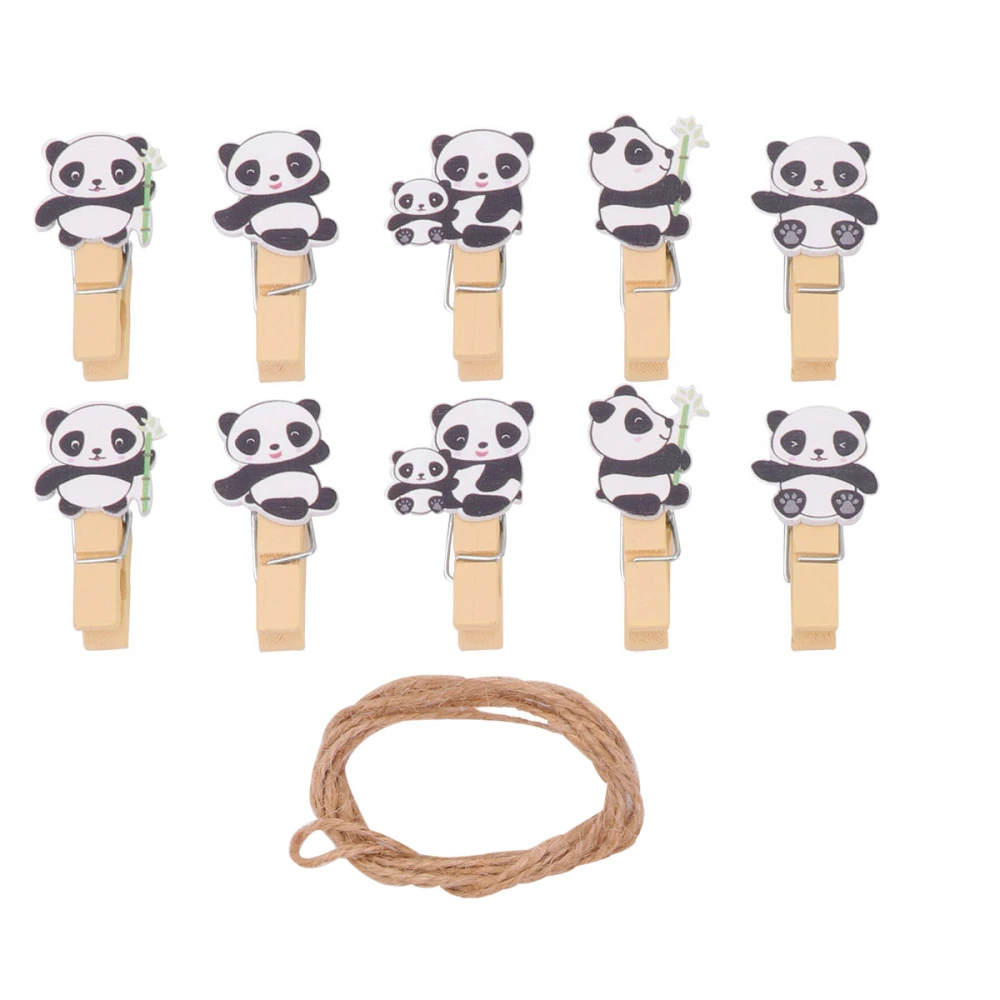 50pcs Bamboo Leaf Panda Clip Lovely Wooden Paper Photo Holder Cartoon Picture Clips for Home Bedroom with Hemp Rope