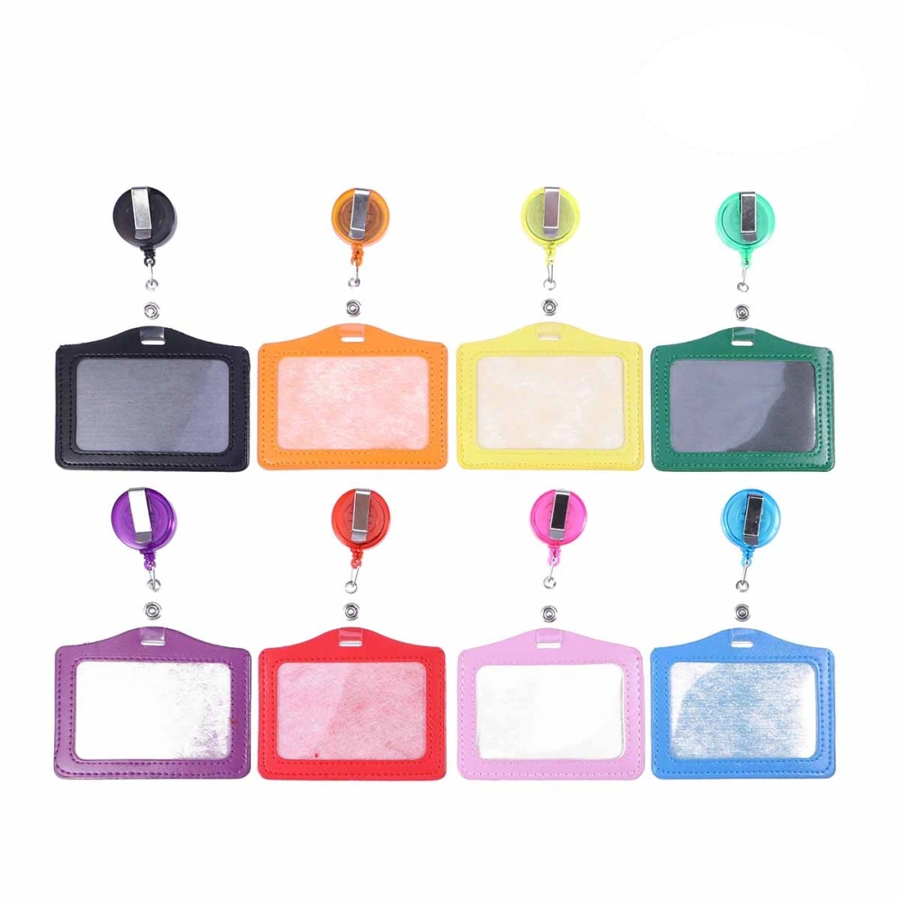 8pcs Transverse Style PU Leather ID Badge Holder Pass Pouch Case with Retractable Pull Clip for School Office Company