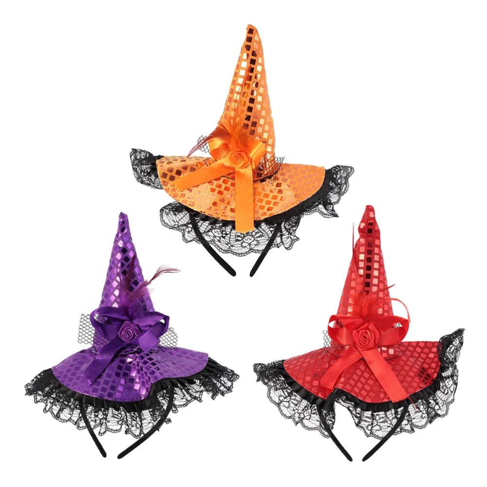 3Pcs Halloween Witch Hat Headbands Masquerade Lace Sequins Hat Headbands