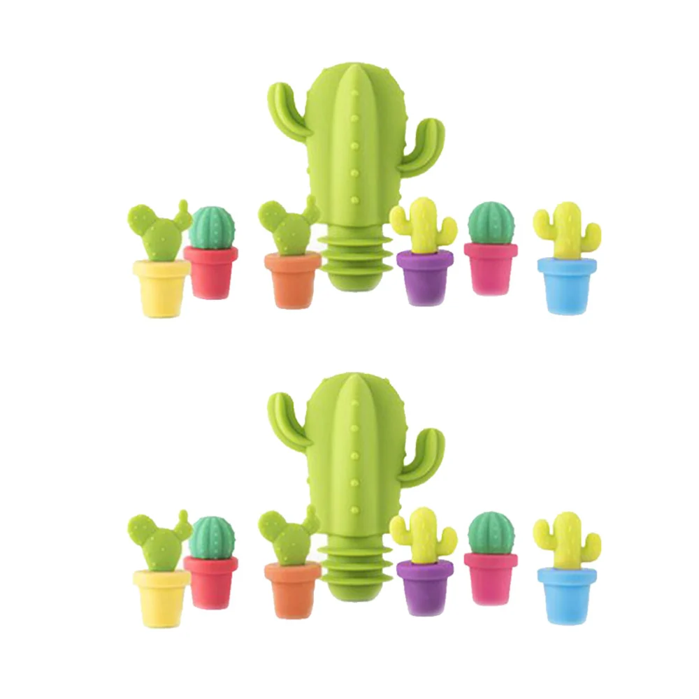 2 Set/14 Pcs Silicone Wine Bottle Stopper Cactus Shaped Champagne Stopper Food Grade Beverage Closures Bar Drink Markers Preservation Tool (Random Color)