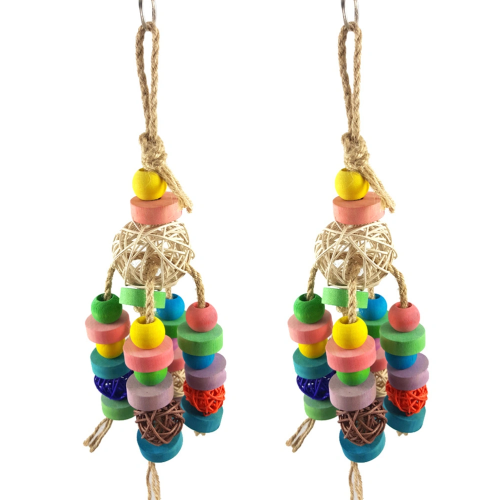 2pcs Parrot Rattan Ball String Hanging Bite String Funny Playing Toy Colorful Wood Block Toy