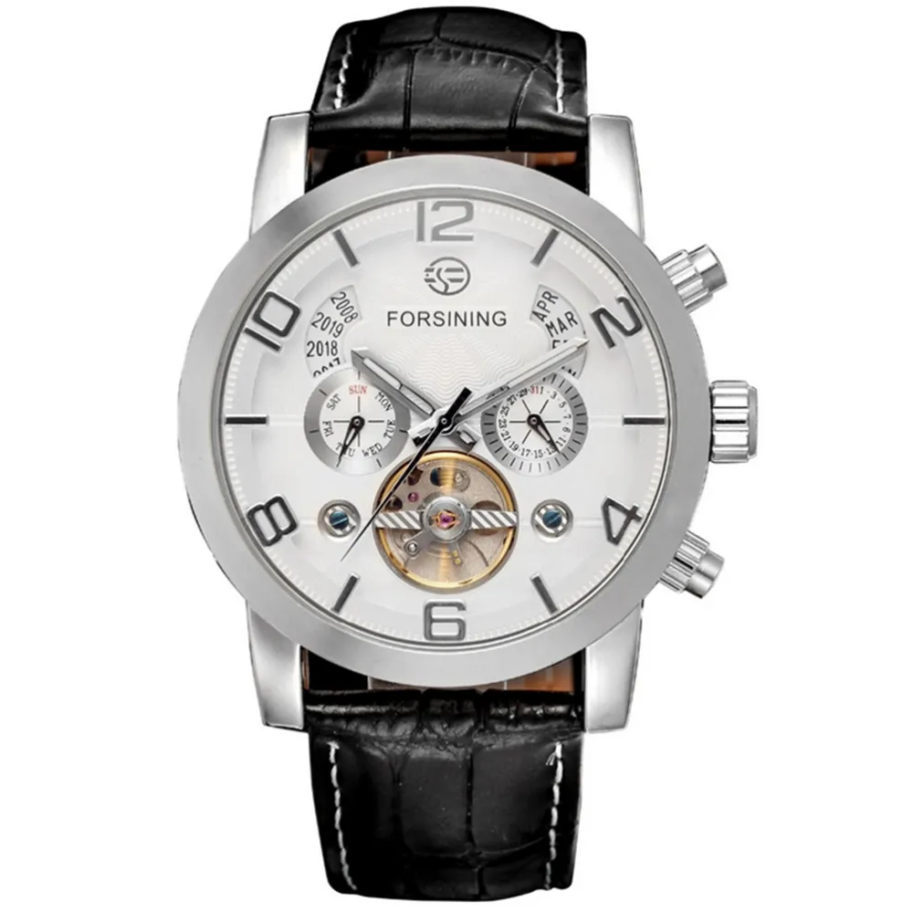 Men Automatic Mechanical Wrist Watch with PU Band (Silver+White)