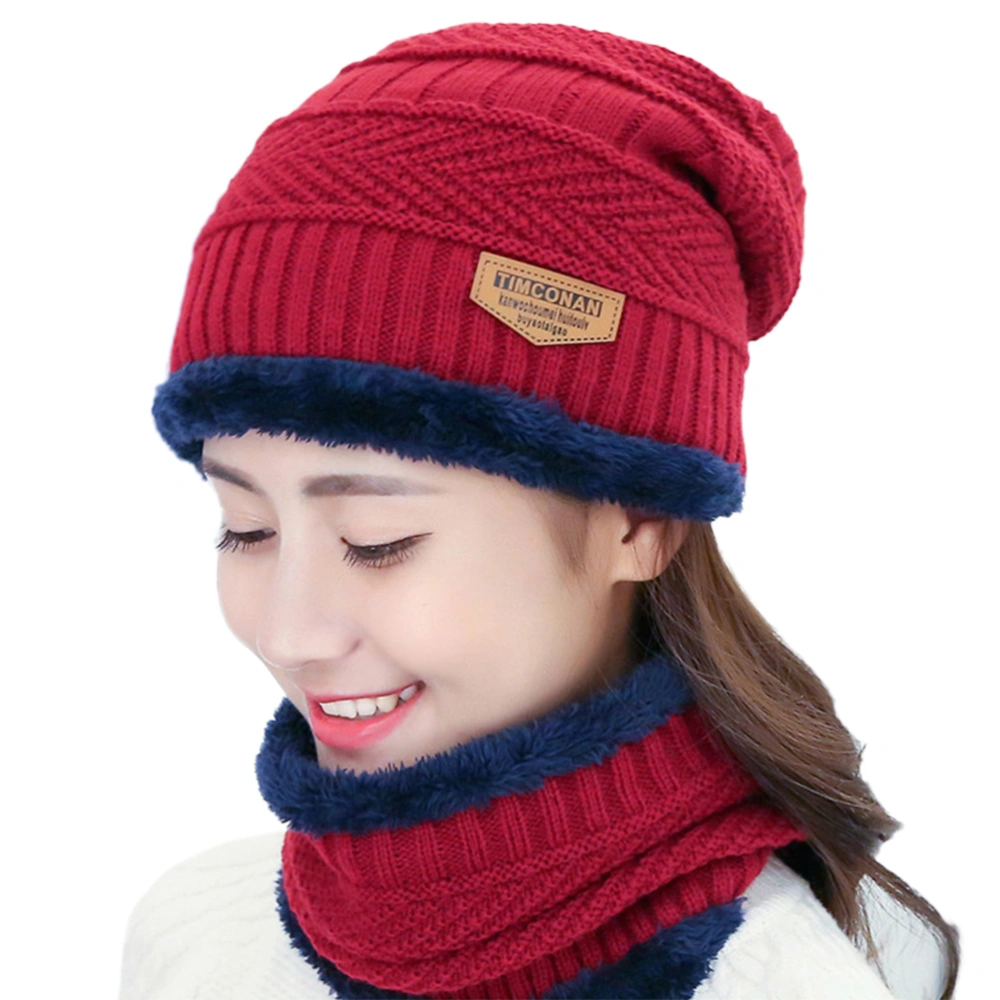 Winter Hat Headgear Bib Suit Tide Autumn Winter Men and Women Thickening Wool Knit Hat Scarf Suit(Crimson)