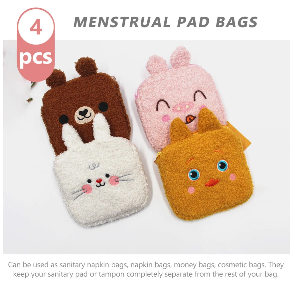 4Pcs Plush Cartoon Menstrual Pad Storage Bags Portable Coin Bags (Assorted Color)