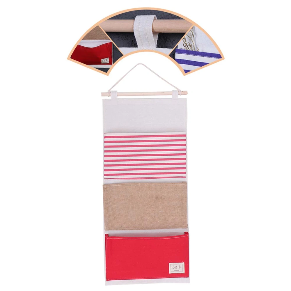 3-Pockets Wall Hanging Bag Cotton Linen Door Closet Stripe Pattern Storage Organizer with Wooden Stick for Room Wardrobe (Red)