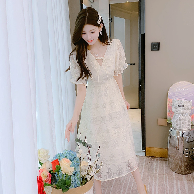 French Retro Women Summer New Lace V-neck Dress