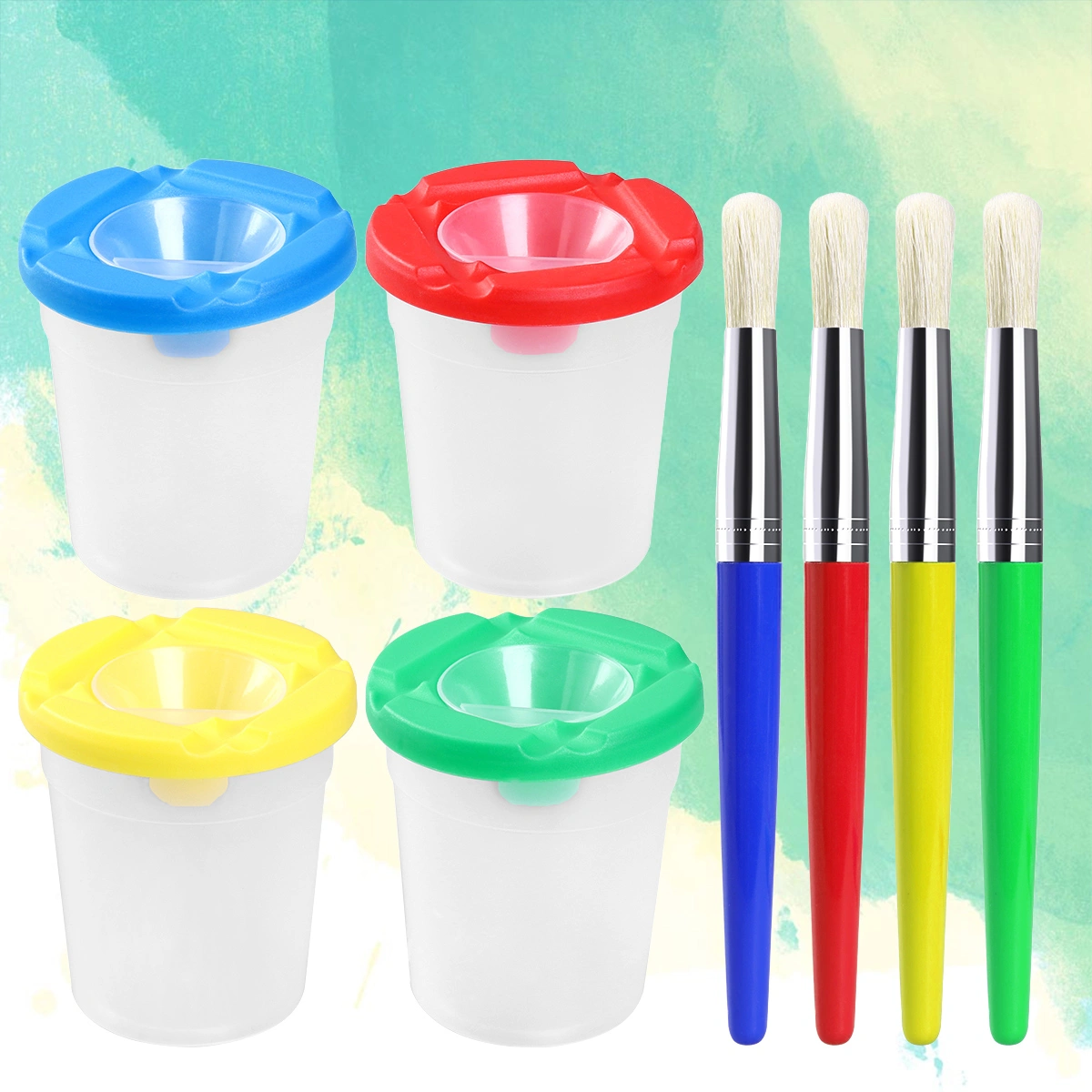4 Colors Children's Painting Brushes and Pigment Cups Set Cleaning Cups (4 Cups + 4 Brushes)
