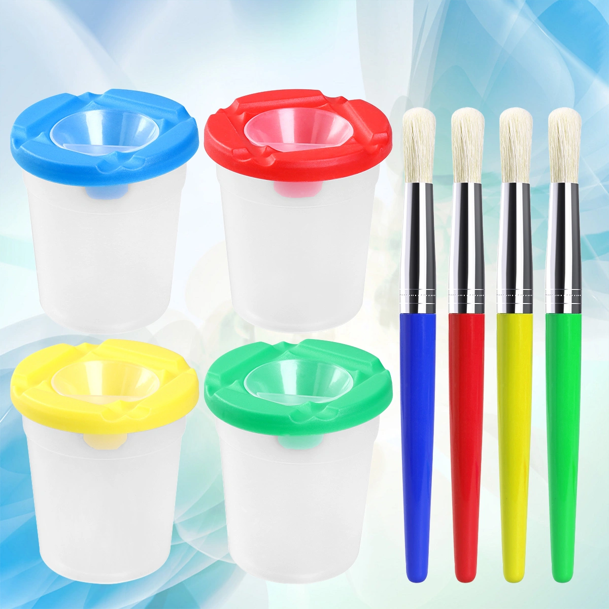 4 Colors Children's Painting Brushes and Pigment Cups Set Cleaning Cups (4 Cups + 4 Brushes)
