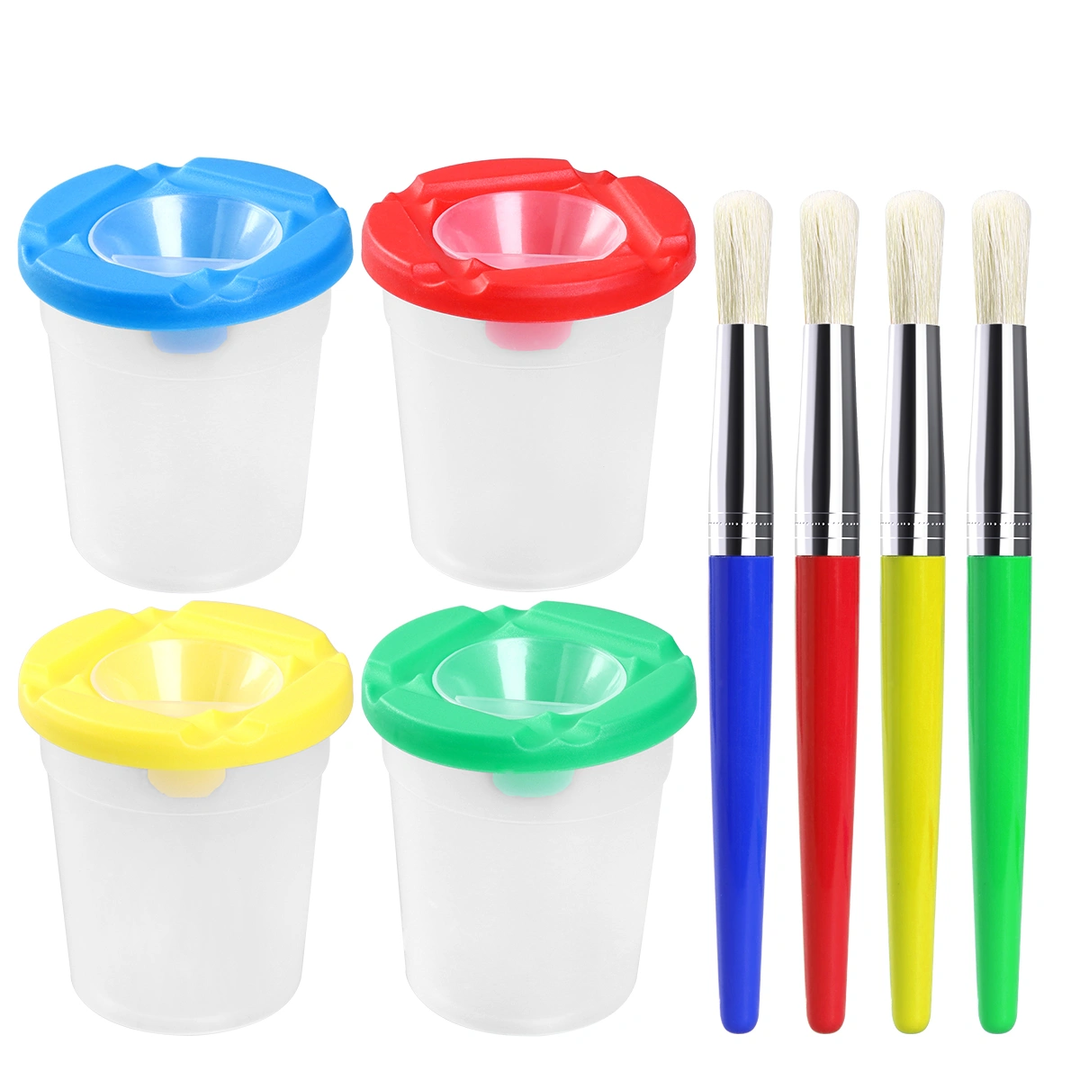 4 Colors Children's Painting Brushes and Pigment Cups Set Cleaning Cups (4 Cups + 4 Brushes)