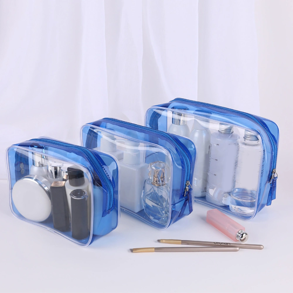 3Pcs PVC Makeup Bag Clear Cosmetic Waterproof Storage Bag Travel Organizer Portable Wash Bag for Home Travel Trip Blue