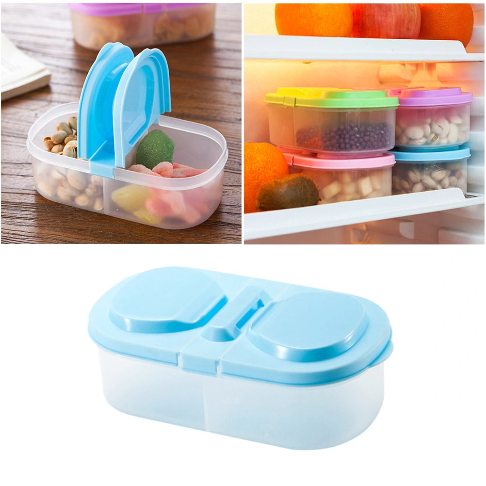 2pcs Portable Double Compartments Kitchen Storage Box with Lid Refrigerator Food Container Crisper Sealed Snack Boxes (Blue)